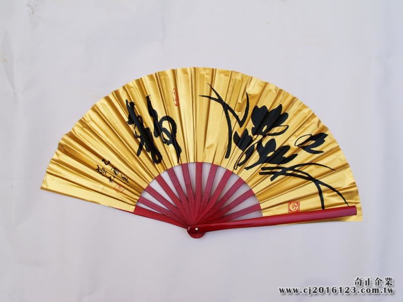 E-04金蔥扇(金色-紅骨)靜:蘭花(台灣製)