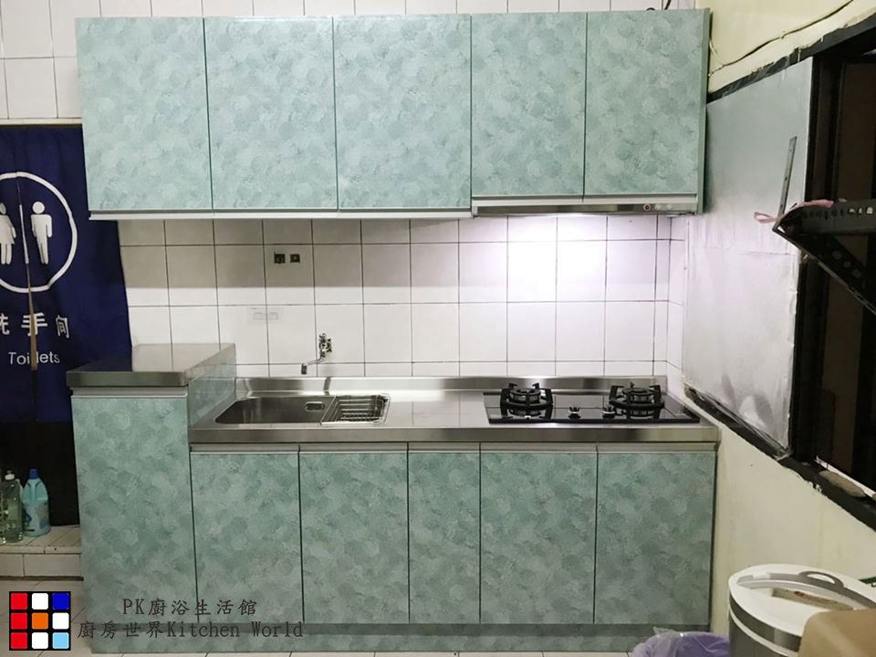 歐化系統櫥具 一字型流理台 220公分 美耐門板 搭莊頭北排油煙機 櫻花牌瓦斯爐