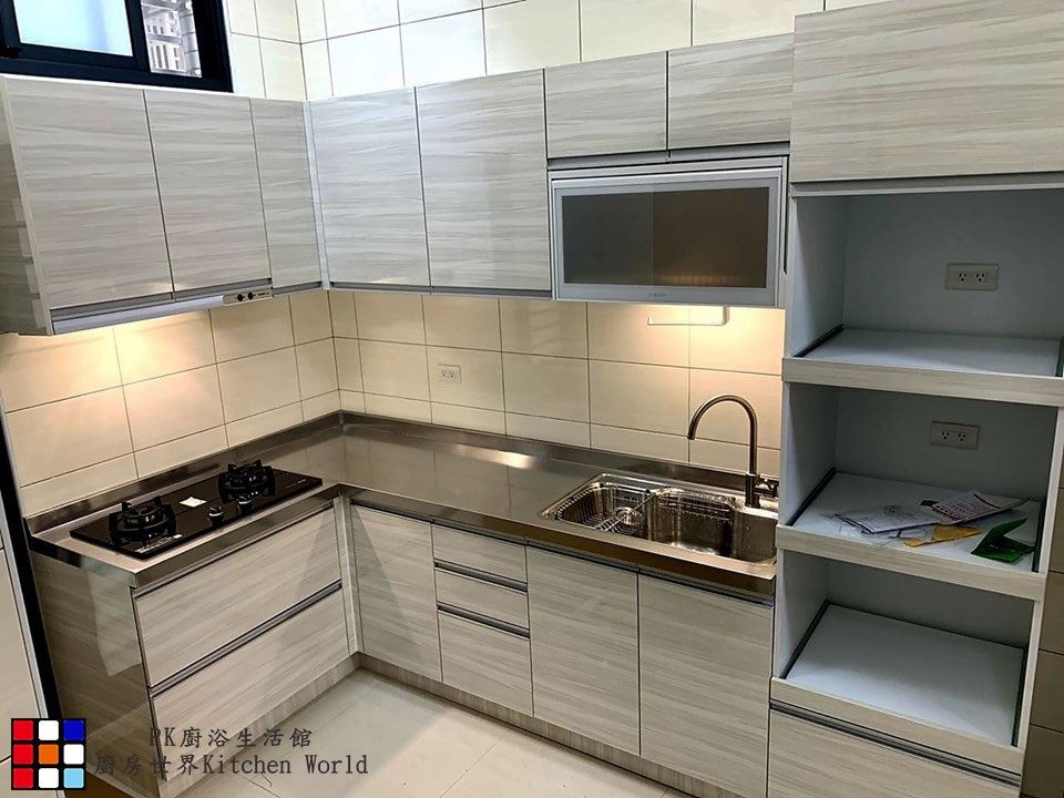 歐化系統廚具 L型流理台 壓花白鐵台面 搭櫻花牌瓦斯爐 烘碗機
