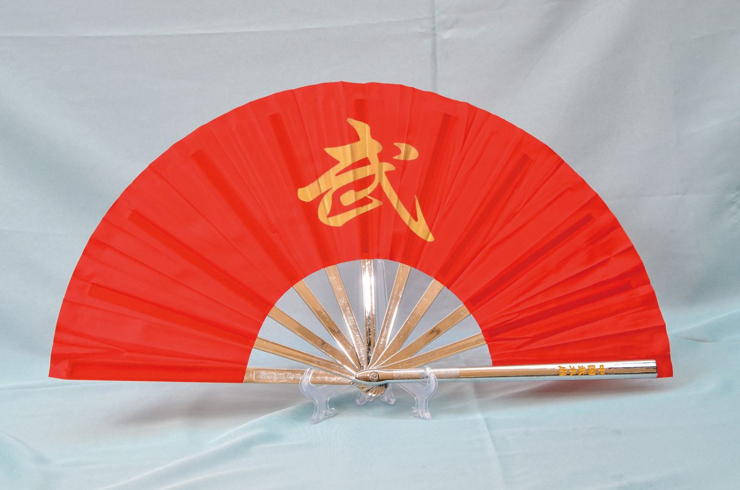 E-52太極扇(塑鋼.旁兩支鋅鋁合金)(尼龍布)(紅色-白色骨)
