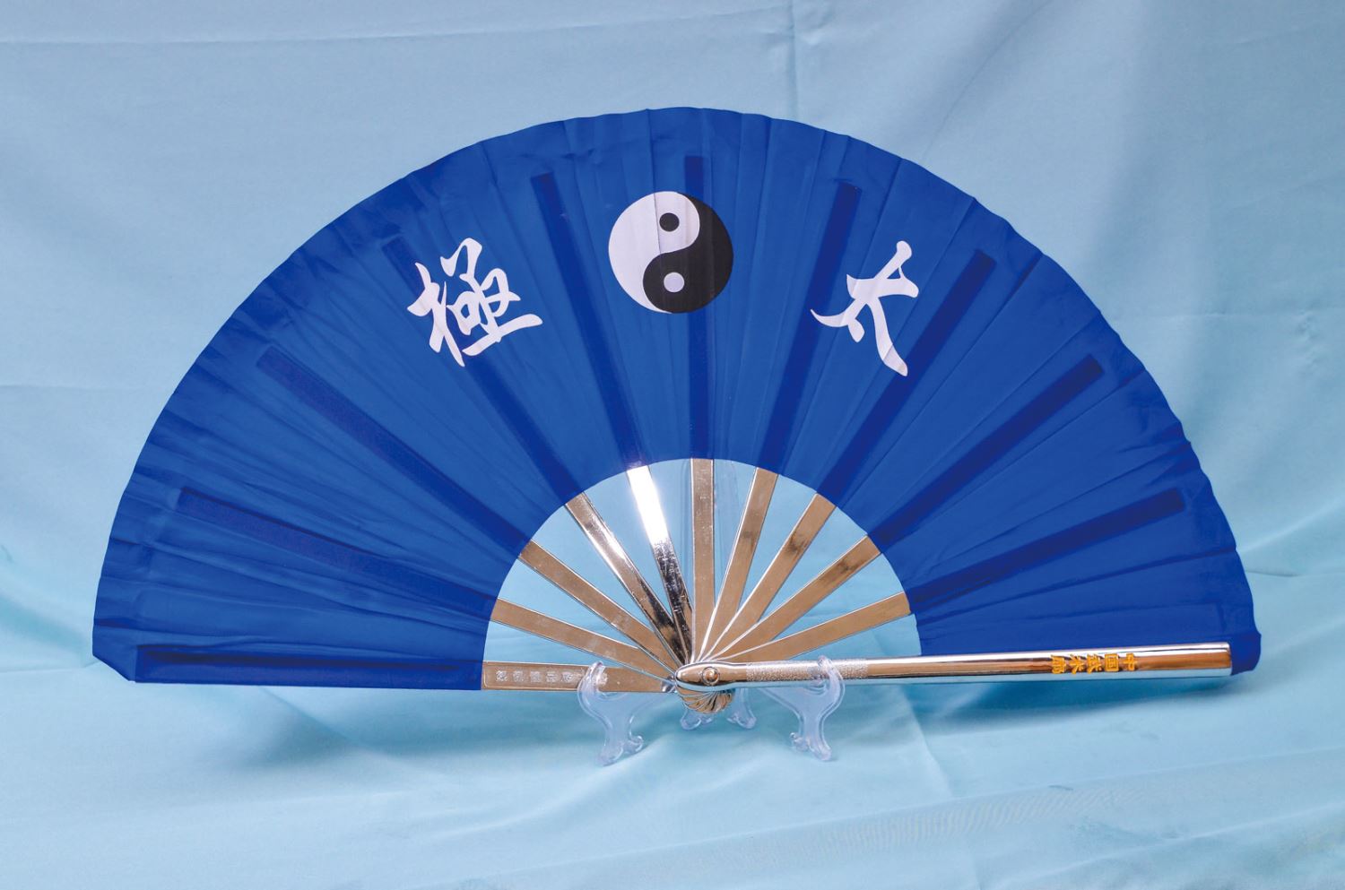 E-54太極扇(塑鋼.旁兩支鋅鋁合金)(尼龍布)(藍色-白色骨)