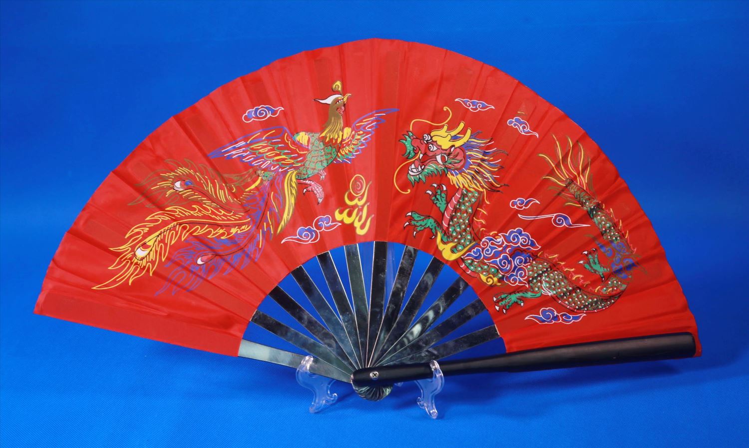 E-59太極扇(不銹鋼)(尼龍布)(紅色-白色骨)彩色龍鳳(大陸製)