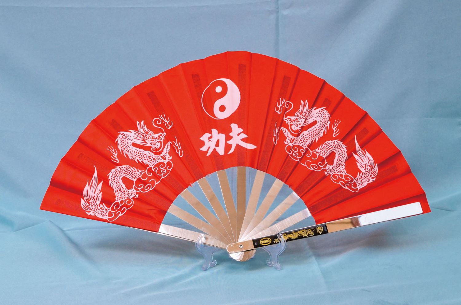 E-61太級扇(不銹鋼)(尼龍布)(紅色-白色骨)雙龍.功夫(大陸製)