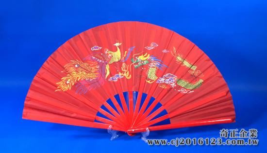 E-48太極扇-加長(38公分)(尼龍布)(紅色-紅骨)彩色龍鳳(大陸製)
