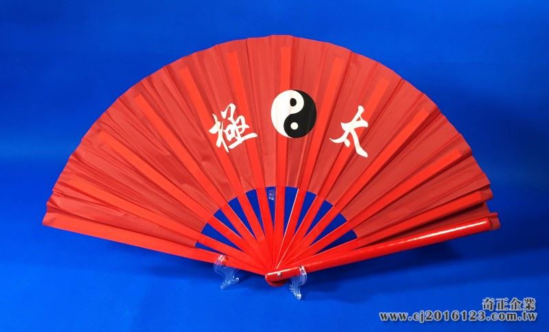 E-43太級扇-加長(38公分)(尼龍布)(紅色-紅骨)太極(大陸製)