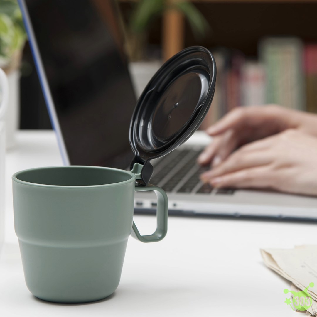 【INOMATA】1415手把杯附蓋大-灰綠/米黃/牙白 