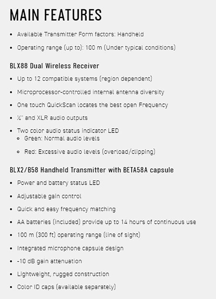 SHURE BLX288 / BETA58 雙手握無線人聲麥克風系統-原廠公司貨