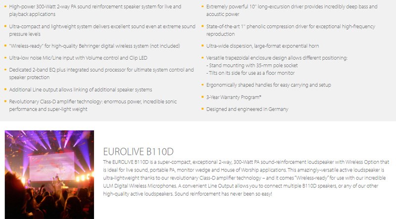 BEHRINGER B110D 主動式喇叭-10英寸PA揚聲器系統/原廠公司貨