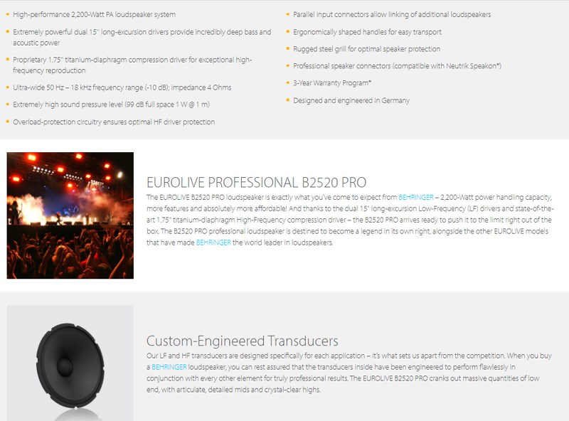 BEHRINGER B2520 PRO 被動式喇叭 -2200瓦PA揚聲器系統 /帶有雙15英寸低音揚聲器/原廠公司貨
