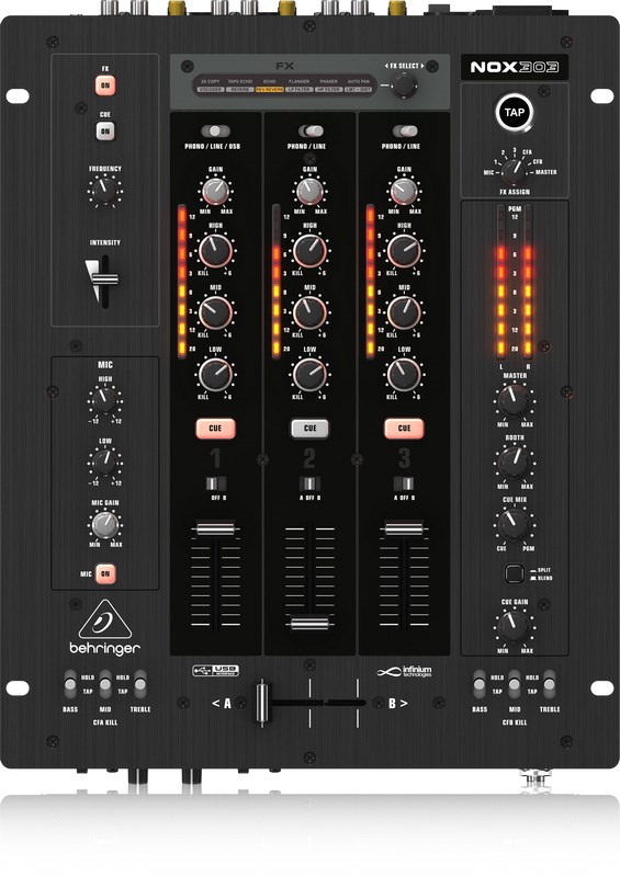 BEHRINGER NOX303 專業3通道DJ混音器-3個USB連接的線路輸入/1個麥克風輸入/原廠公司貨