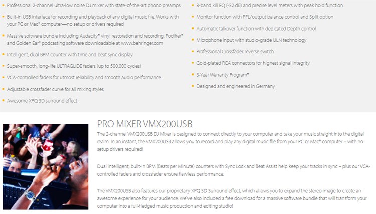 BEHRINGER VMX200USB專業2通道DJ混音器-內置USB接口/原廠公司貨