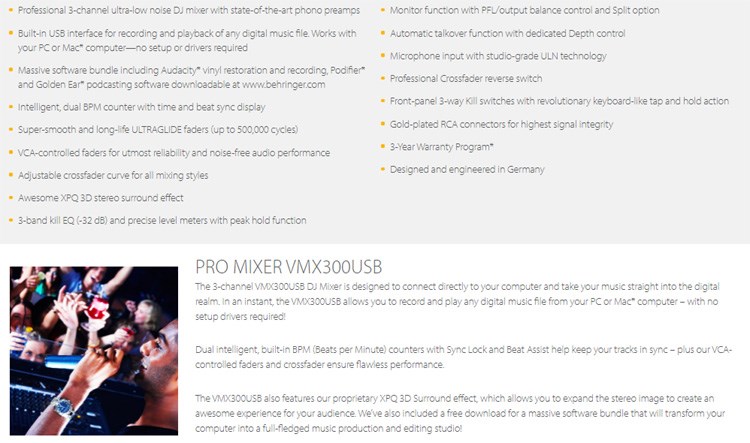 BEHRINGER VMX300US B專業3通道DJ混音器-內置USB接口/原廠公司貨