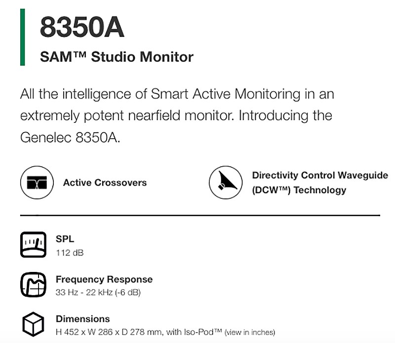 GENELEC 8350A 二分頻智能監聽喇叭(一對)-兩色任選/8吋低音單體/原廠公司貨