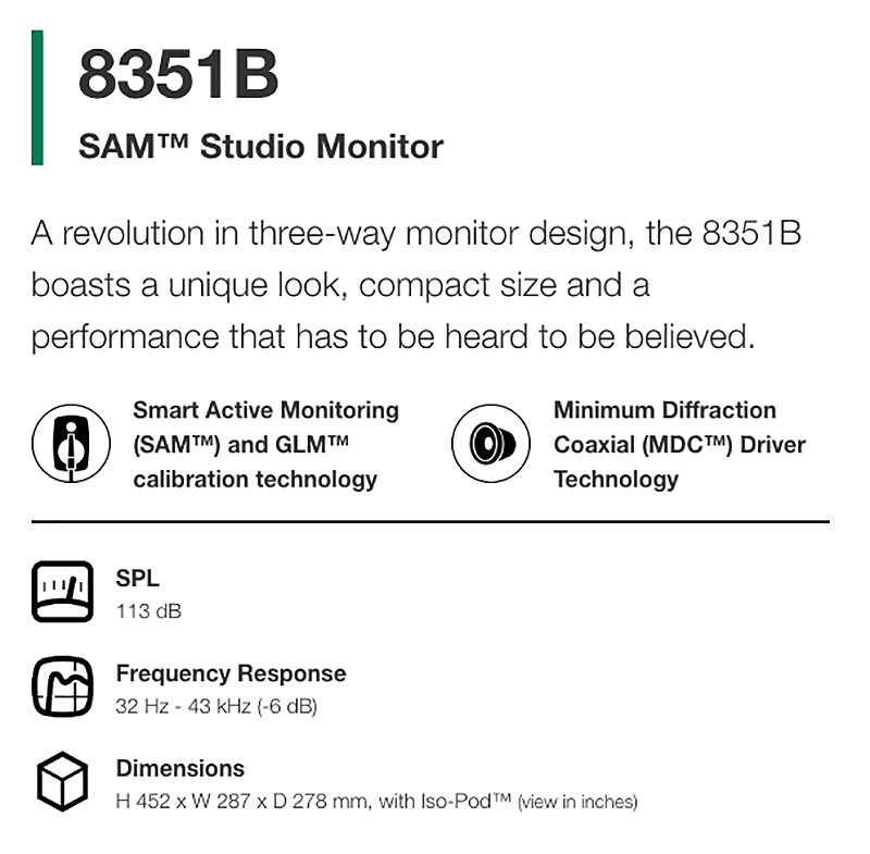 GENELEC 8351B 同軸三分頻智能監聽喇叭(一對)-三色任選/8吋主動式單體/原廠公司貨