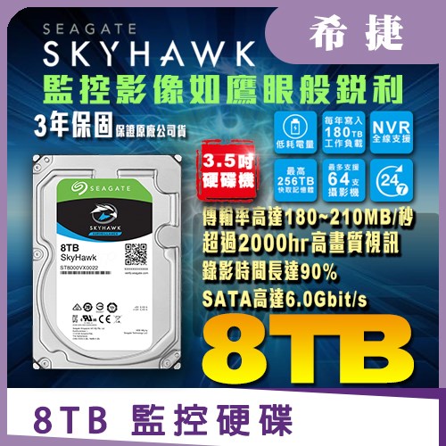  Seagate 8TB 3.5吋 監控 智慧 SATA6 高畫質 硬碟 適 NVR DVR 全新盒裝公司貨