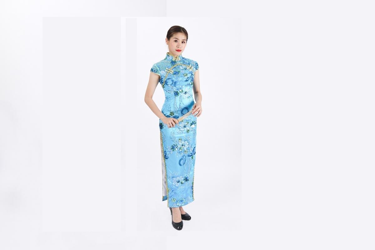 長旗袍/淺藍色金邊