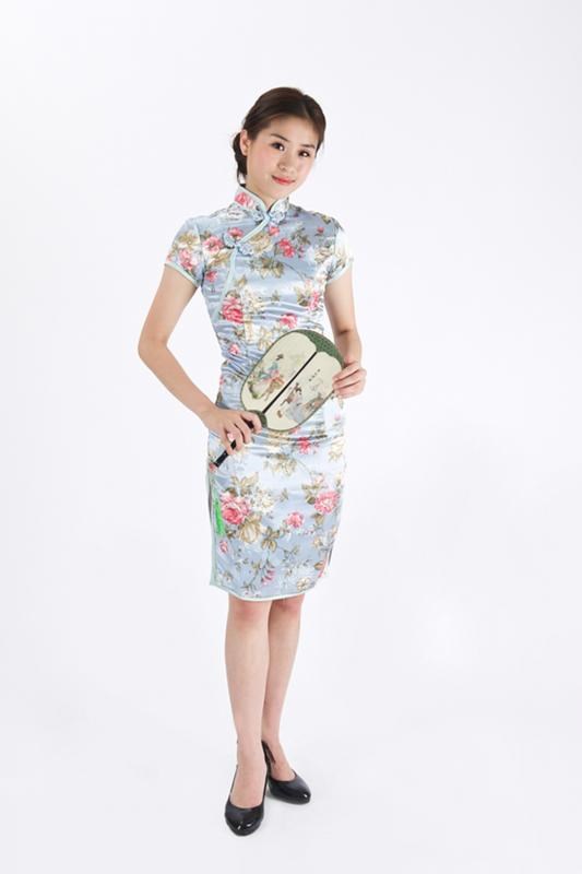玫瑰花短旗袍/藍色