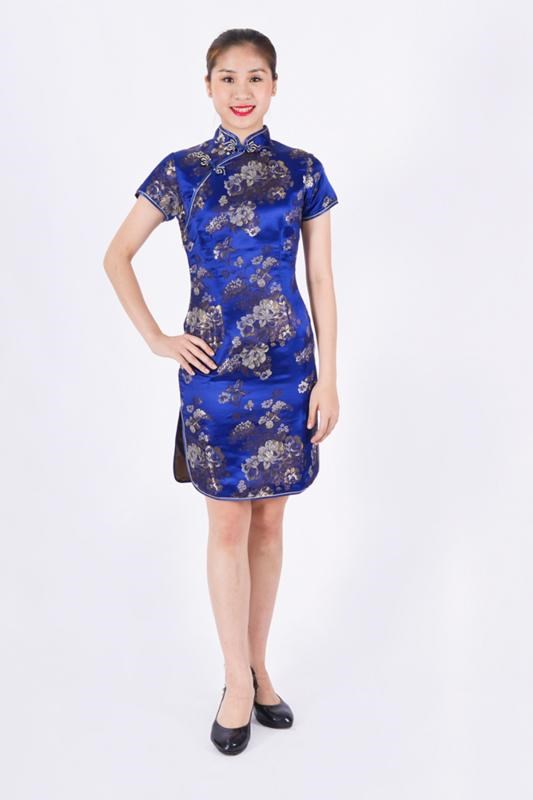 牡丹花短旗袍/藍色