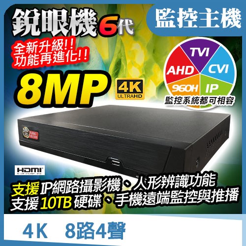 ●全球最強AHD TVI CVI 4K以下各種訊號 可混合搭配 ●最強AI人形智慧分析功能 ●電腦遠端.手機監看(iPhone. google Android...) ●支援單顆10TB*1 ●支援繁體中文.附贈滑鼠.遙控器.VGA/HDMI/BNC三輸出 ●支援全頻道4路4K 8百萬畫質與4K影像輸出