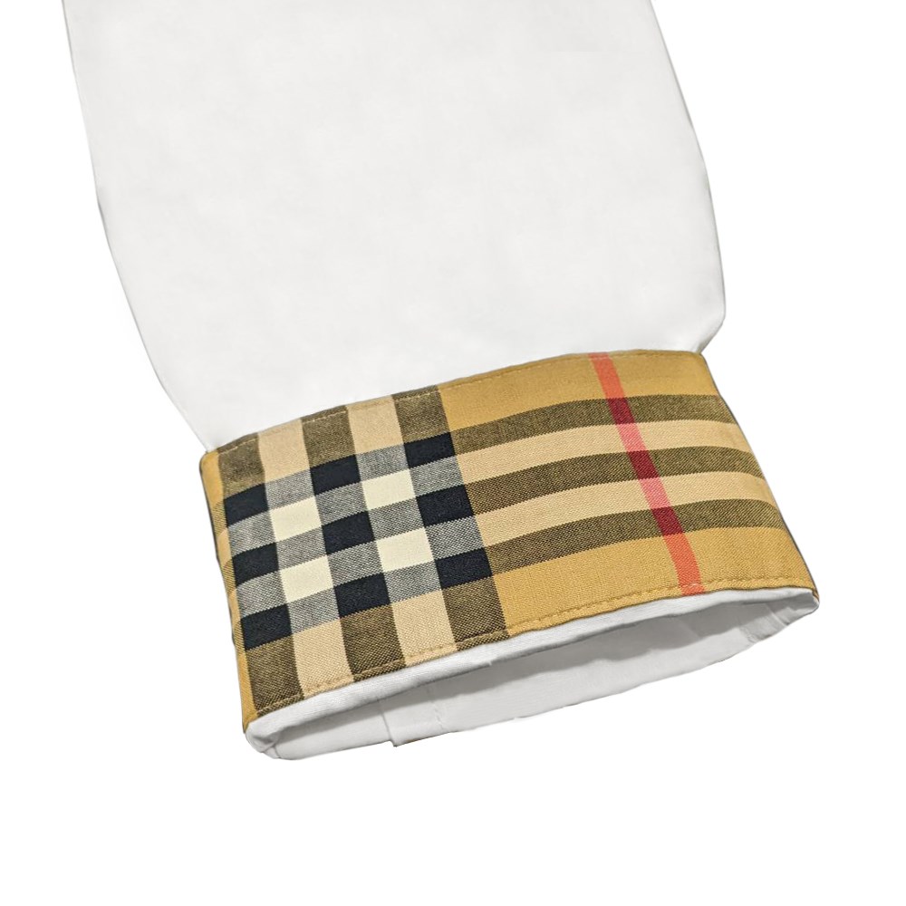 【BURBERRY 】8067813 經典手袖格紋薄長襯衫(白色)