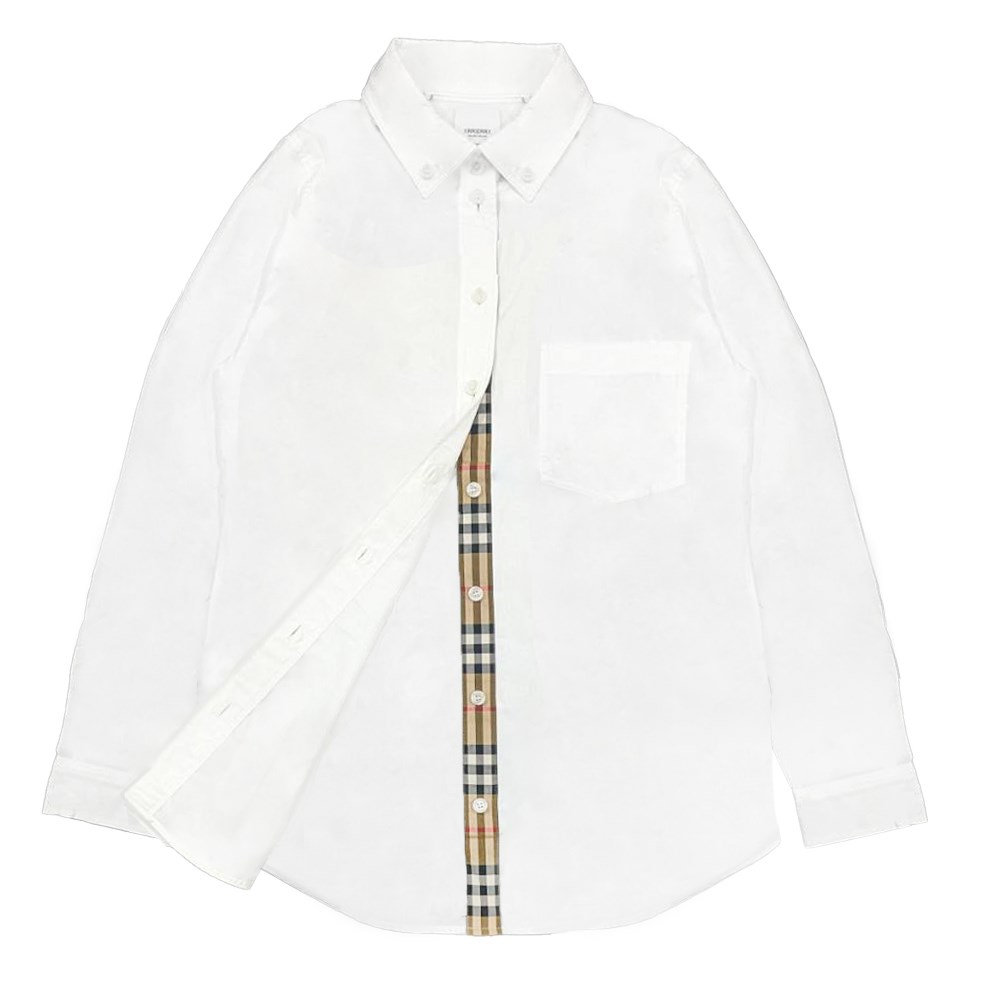 【BURBERRY 】8067813 經典手袖格紋薄長襯衫(白色)