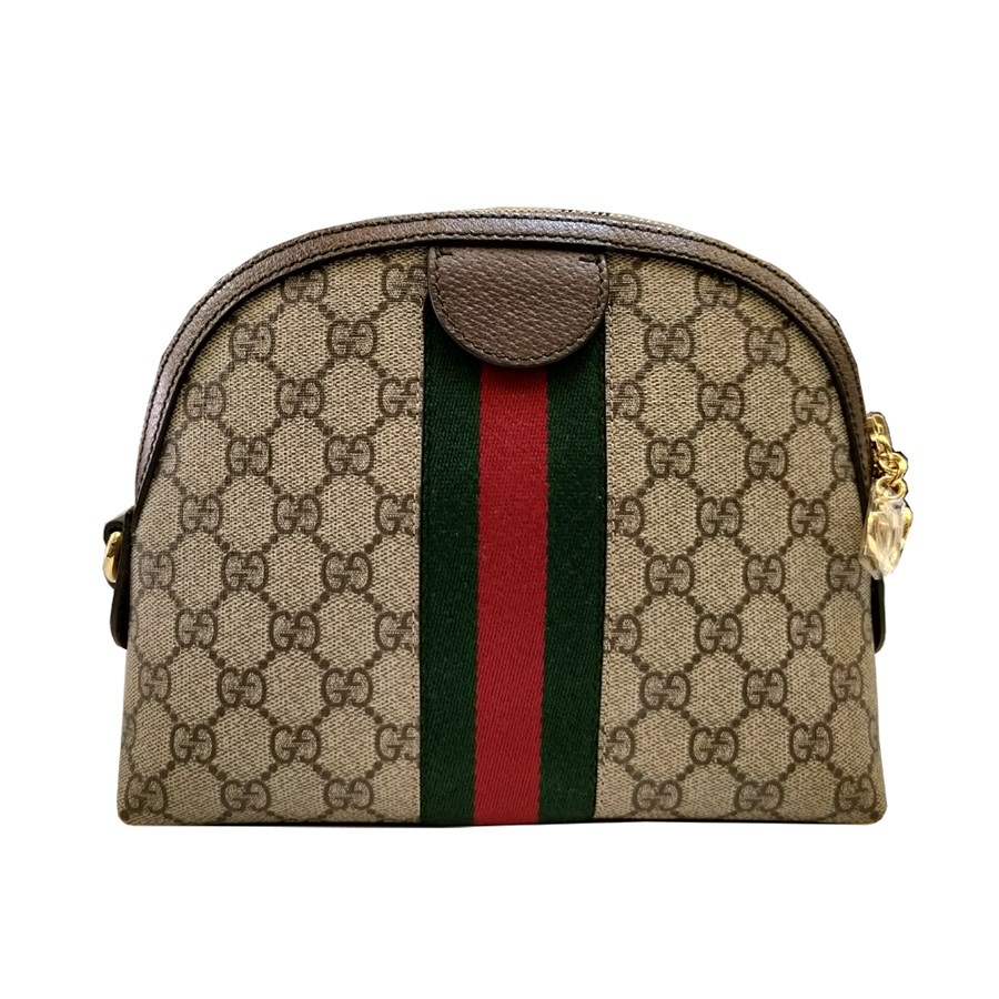 【GUCCI 】499621 經典Ophidia系列 GG Supreme帆布印花綠紅綠織帶皮革飾邊拉鍊斜背包(棕色)