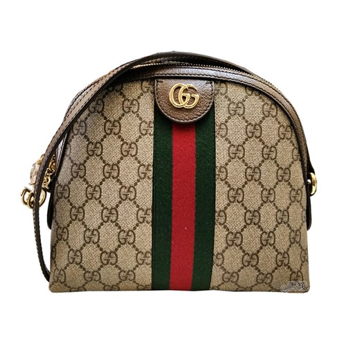 【GUCCI 】499621 經典Ophidia系列 GG Supreme帆布印花綠紅綠織帶皮革飾邊拉鍊斜背包(棕色)