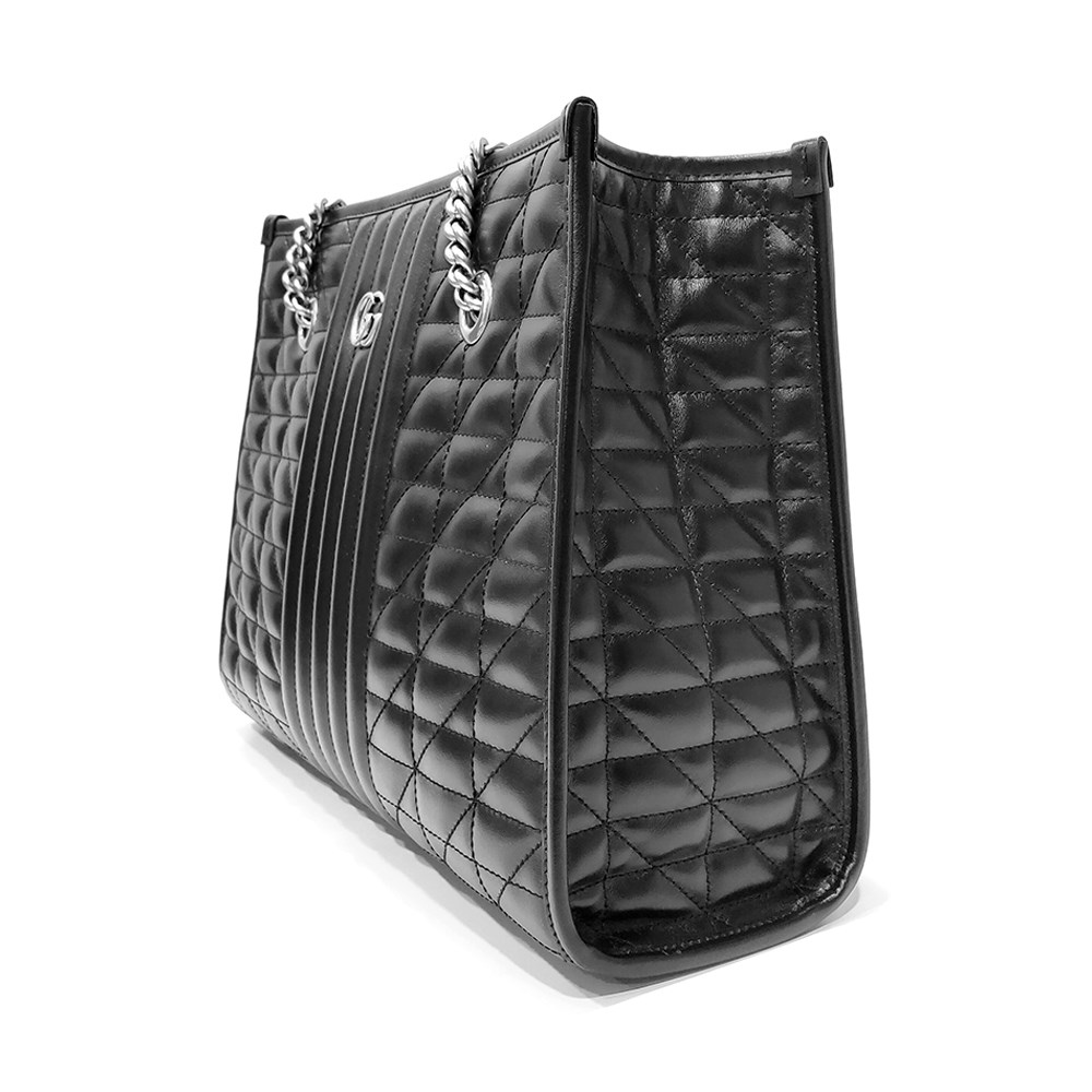 【GUCCI 古馳】675796 經典GG Marmont絎縫系列銀釦手提/肩背托特包(黑色)