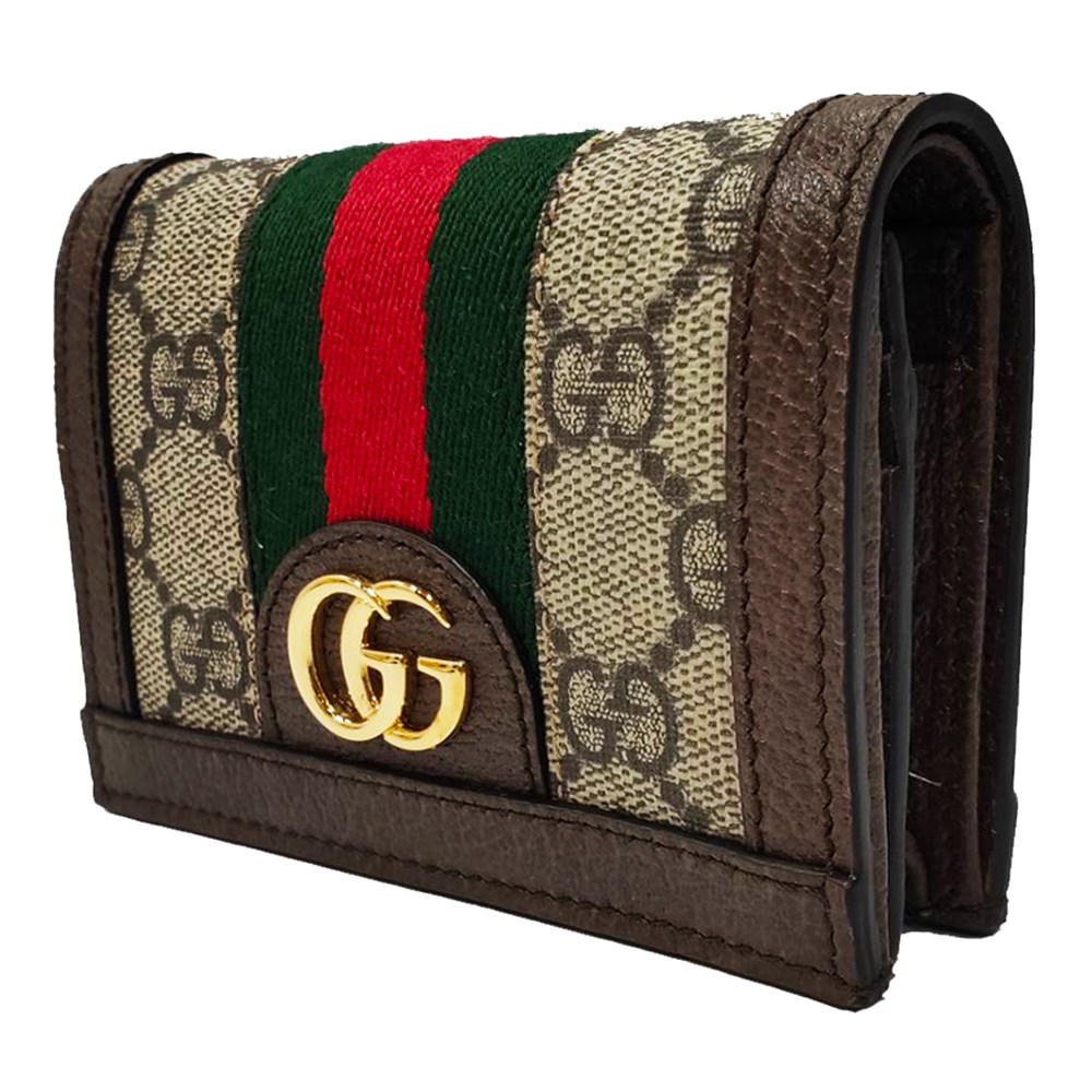 【GUCCI 古馳】523155 經典Ophidia GG印花帆布牛皮飾邊暗釦卡夾/零錢包(棕色)