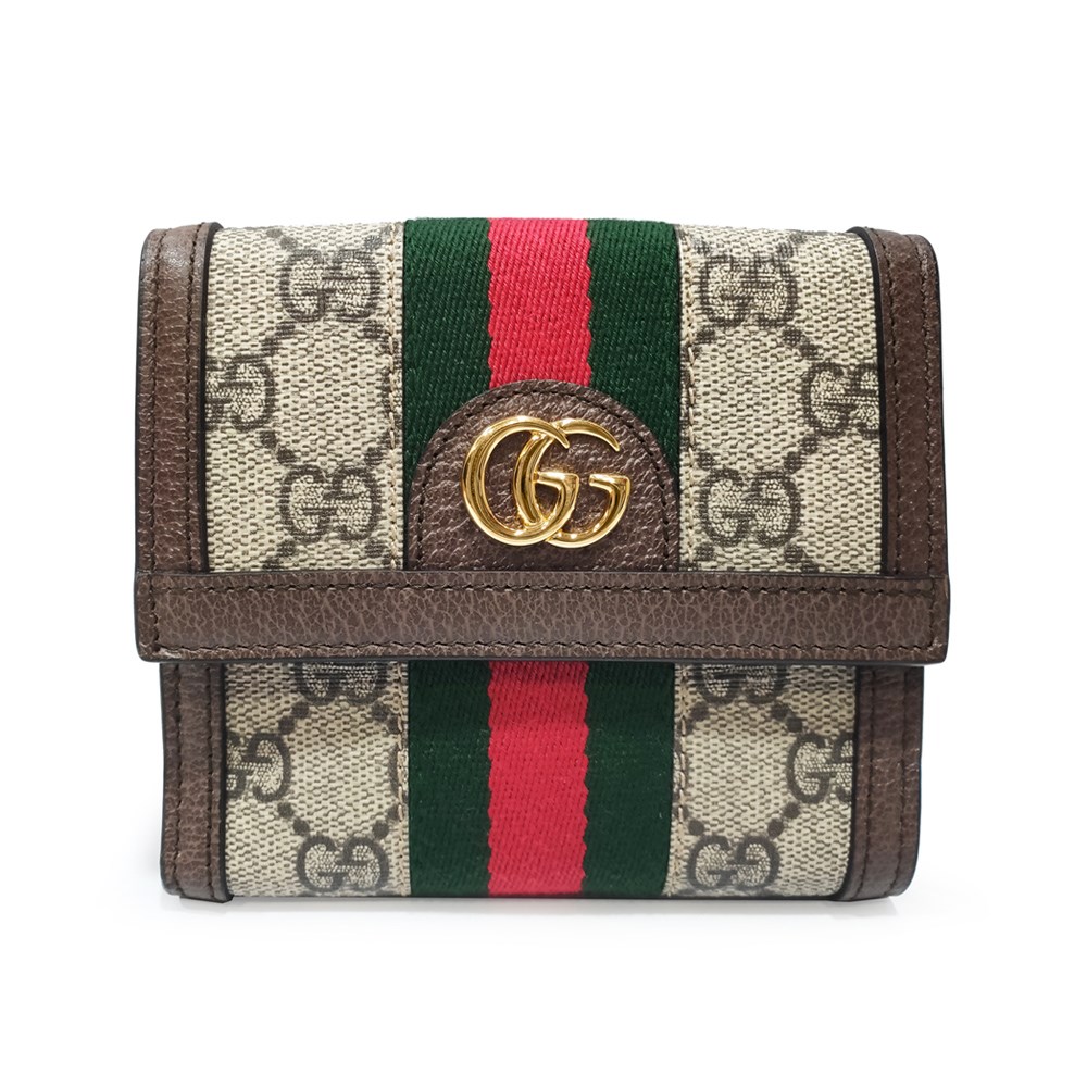 【GUCCI 古馳】523173 經典Ophidia GG印花帆布牛皮飾邊暗釦短夾(棕色