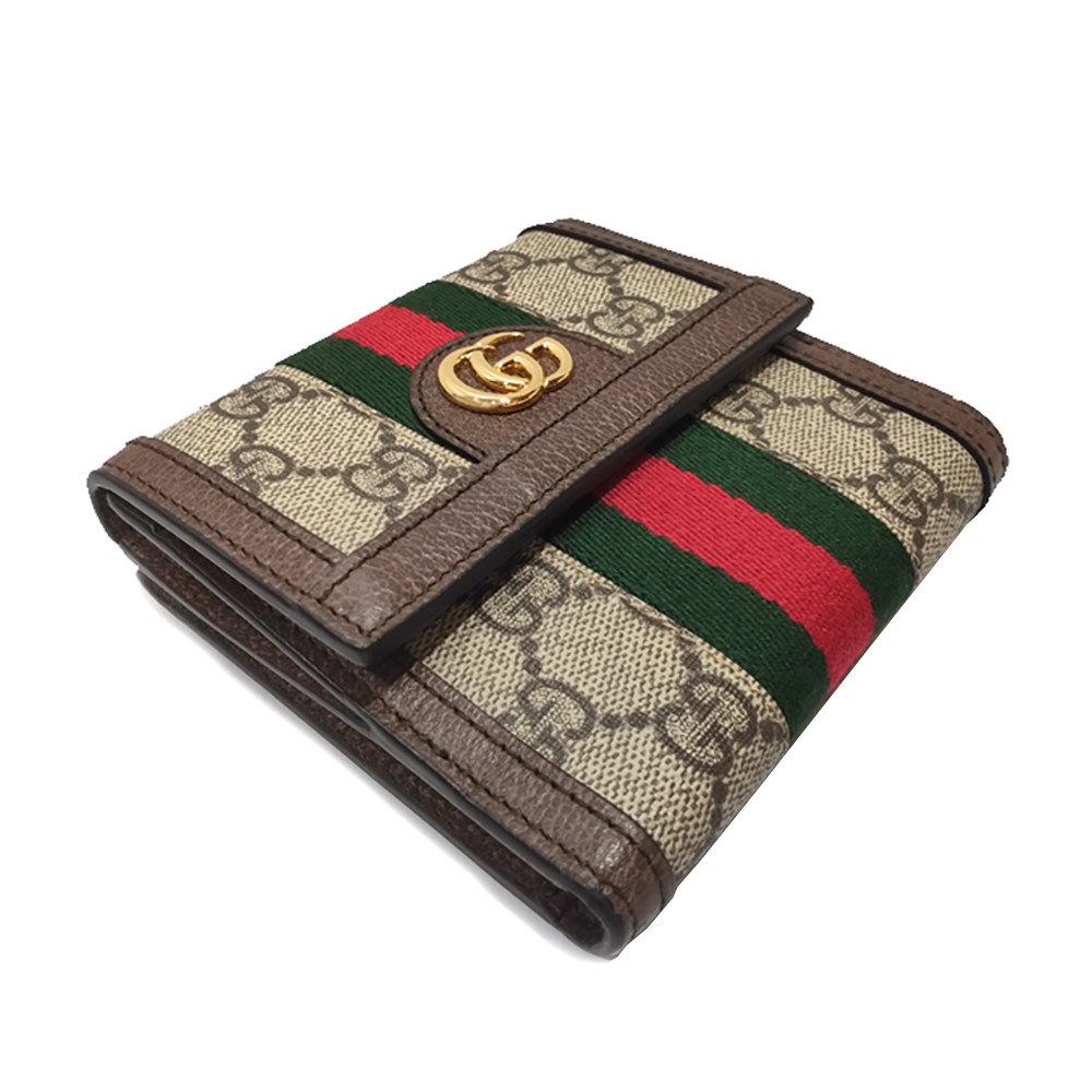【GUCCI 古馳】523173 經典Ophidia GG印花帆布牛皮飾邊暗釦短夾(棕色