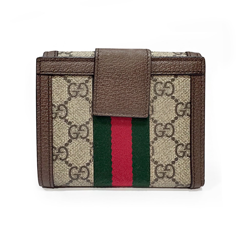 【GUCCI 古馳】523173 經典Ophidia GG印花帆布牛皮飾邊暗釦短夾(棕色