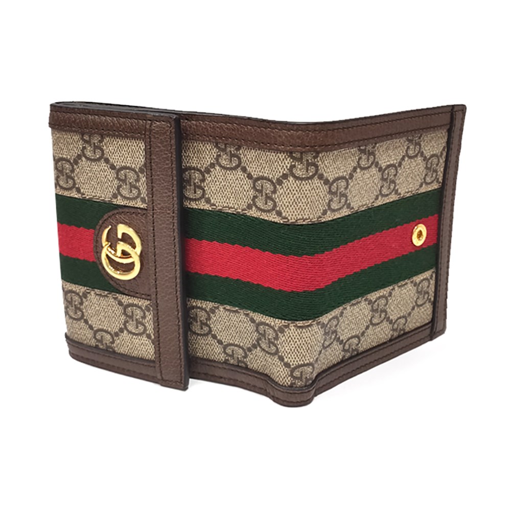 【GUCCI 古馳】523173 經典Ophidia GG印花帆布牛皮飾邊暗釦短夾(棕色