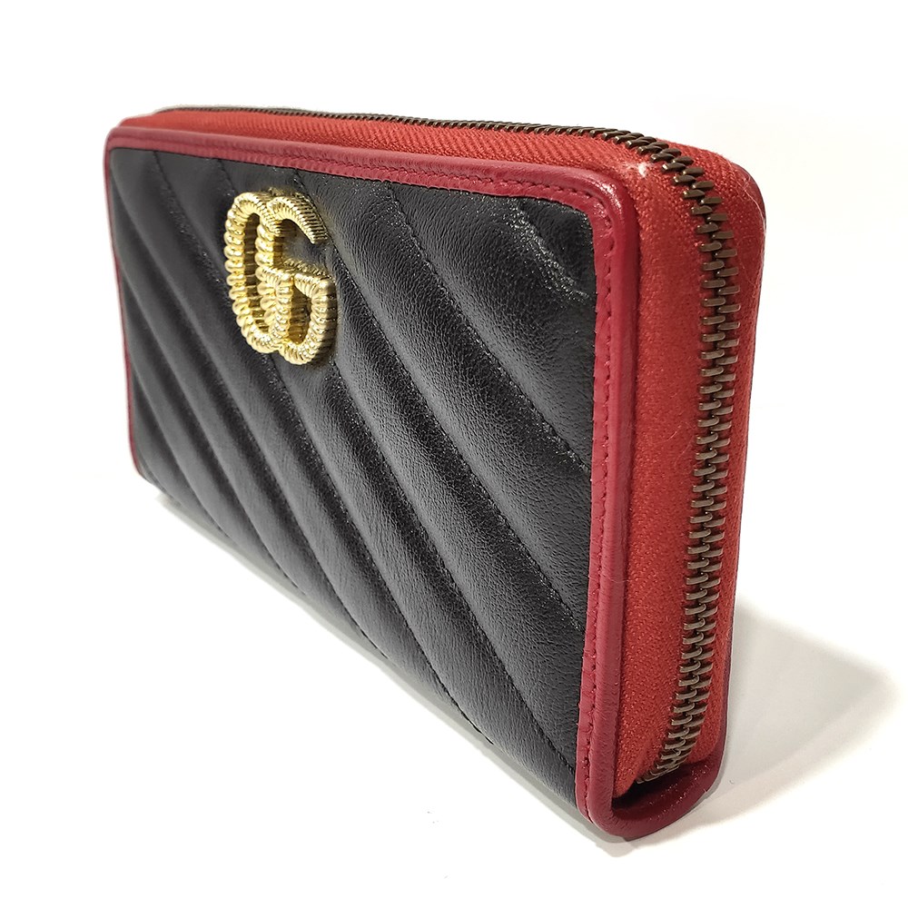 【GUCCI 古馳】573810 經典GG Marmont 絎縫斜紋牛皮撞色拉鏈長夾(黑色)