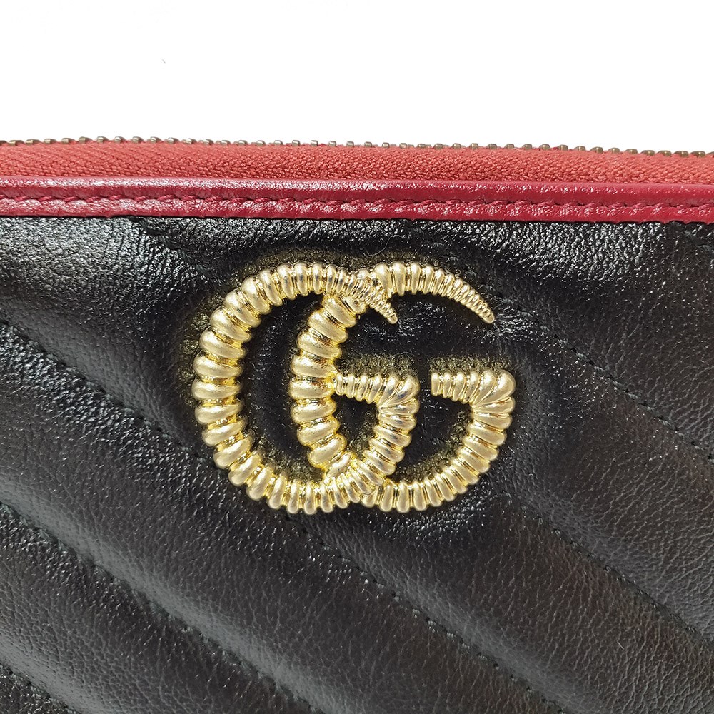 【GUCCI 古馳】573810 經典GG Marmont 絎縫斜紋牛皮撞色拉鏈長夾(黑色)
