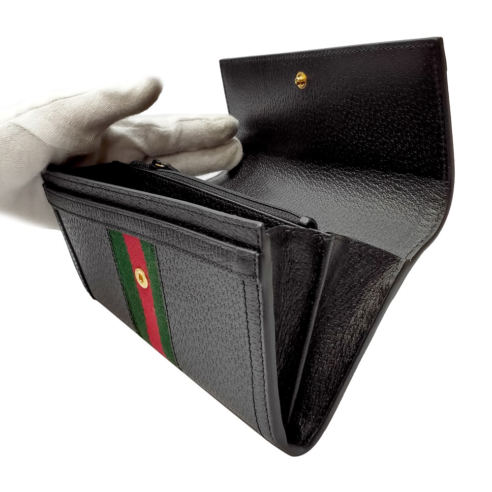 【GUCCI 古馳】719886 經典Ophidia系列金色LOGO皮革拼接綠紅綠織帶信封式翻蓋長夾(黑色)