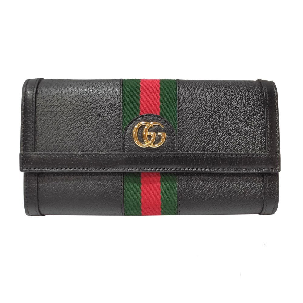 【GUCCI 古馳】719886 經典Ophidia系列金色LOGO皮革拼接綠紅綠織帶信封式翻蓋長夾(黑色)