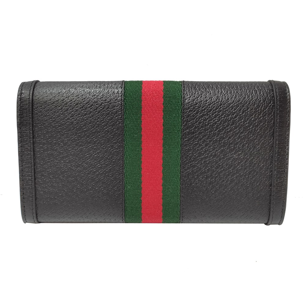 【GUCCI 古馳】719886 經典Ophidia系列金色LOGO皮革拼接綠紅綠織帶信封式翻蓋長夾(黑色)