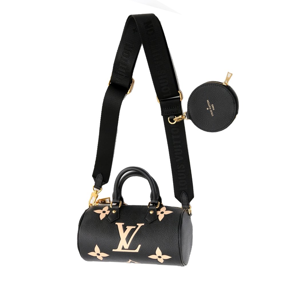 【Louis Vuitton 路易威登】M45980 PAPILLON BB 雙色皮革壓花LOGO手提斜背包(黑色x米白色)