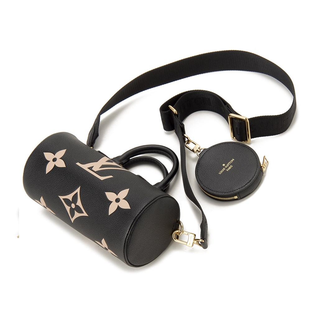 【Louis Vuitton 路易威登】M45980 PAPILLON BB 雙色皮革壓花LOGO手提斜背包(黑色x米白色)