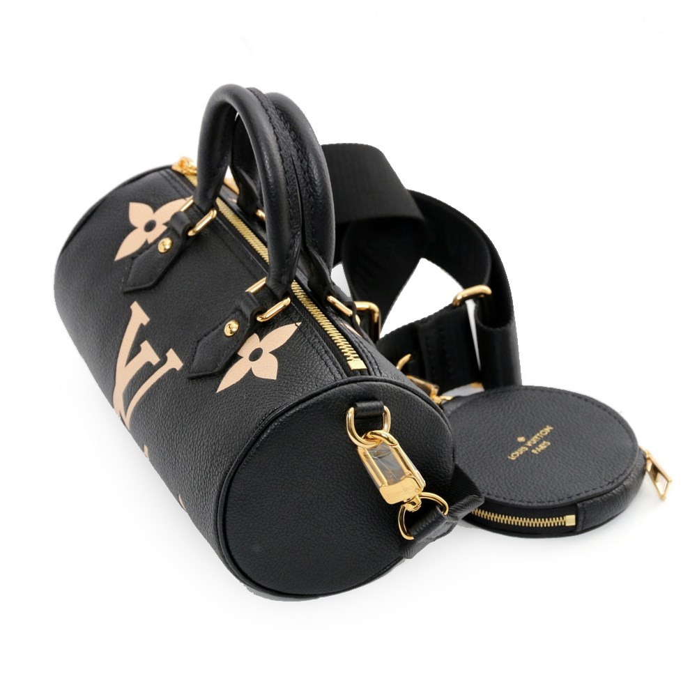 【Louis Vuitton 路易威登】M45980 PAPILLON BB 雙色皮革壓花LOGO手提斜背包(黑色x米白色)