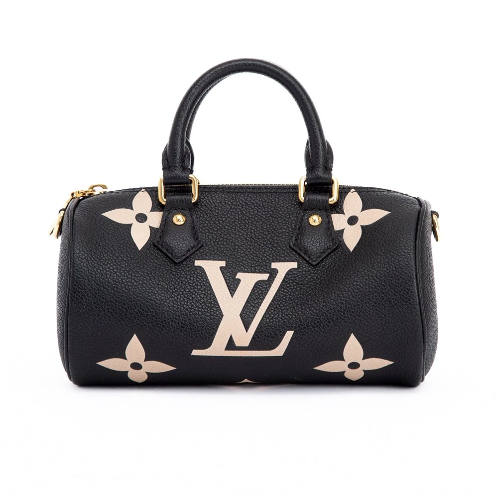 【Louis Vuitton 路易威登】M45980 PAPILLON BB 雙色皮革壓花LOGO手提斜背包(黑色x米白色)