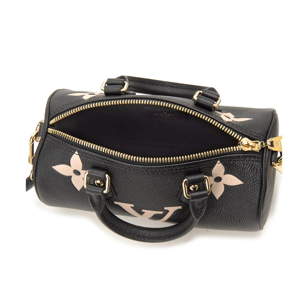 【Louis Vuitton 路易威登】M45980 PAPILLON BB 雙色皮革壓花LOGO手提斜背包(黑色x米白色)