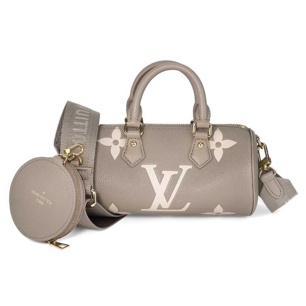 【Louis Vuitton 路易威登】M46031 PAPILLON BB 雙色皮革壓花LOGO手提斜背包(斑鳩灰x奶油色)