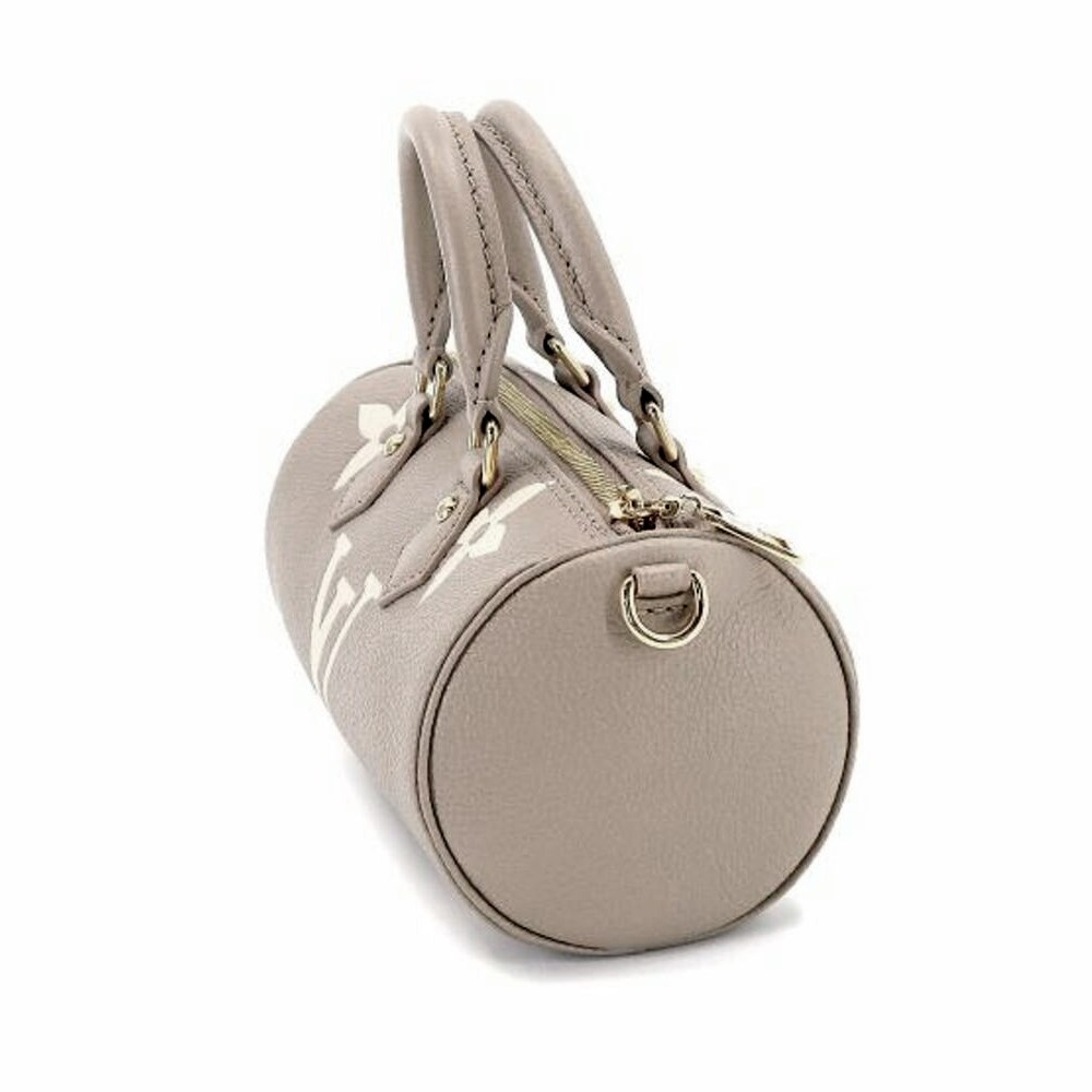 【Louis Vuitton 路易威登】M46031 PAPILLON BB 雙色皮革壓花LOGO手提斜背包(斑鳩灰x奶油色)