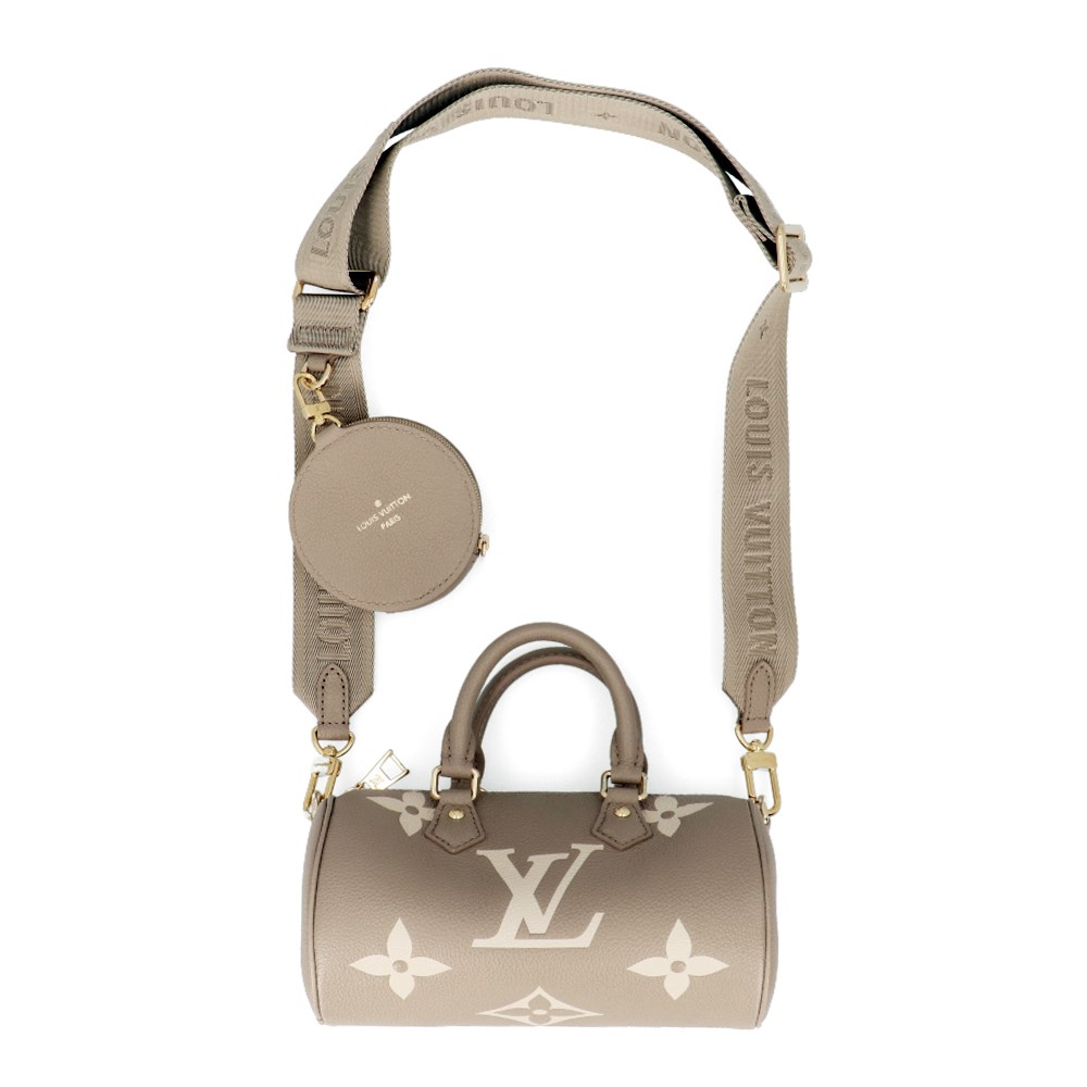 【Louis Vuitton 路易威登】M46031 PAPILLON BB 雙色皮革壓花LOGO手提斜背包(斑鳩灰x奶油色)