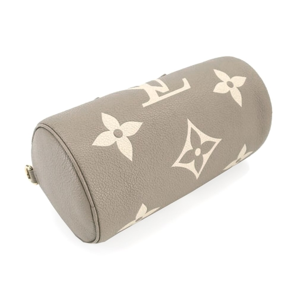 【Louis Vuitton 路易威登】M46031 PAPILLON BB 雙色皮革壓花LOGO手提斜背包(斑鳩灰x奶油色)