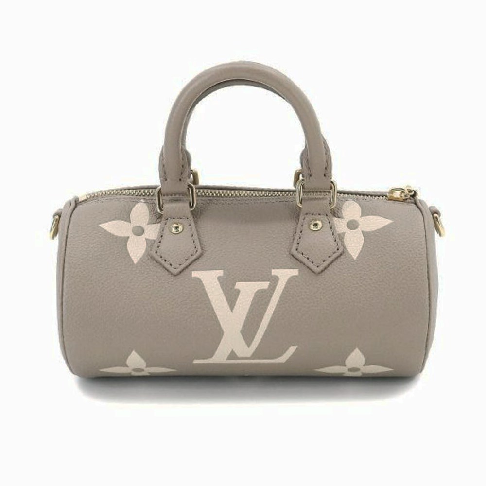 【Louis Vuitton 路易威登】M46031 PAPILLON BB 雙色皮革壓花LOGO手提斜背包(斑鳩灰x奶油色)
