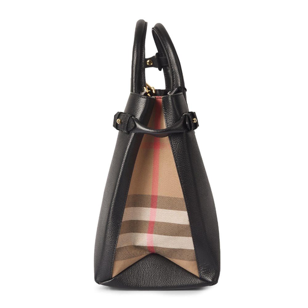 【BURBERRY 巴寶莉】80364961 經典 Banner皮革拚接格紋大型手提包/肩背包(黑色)