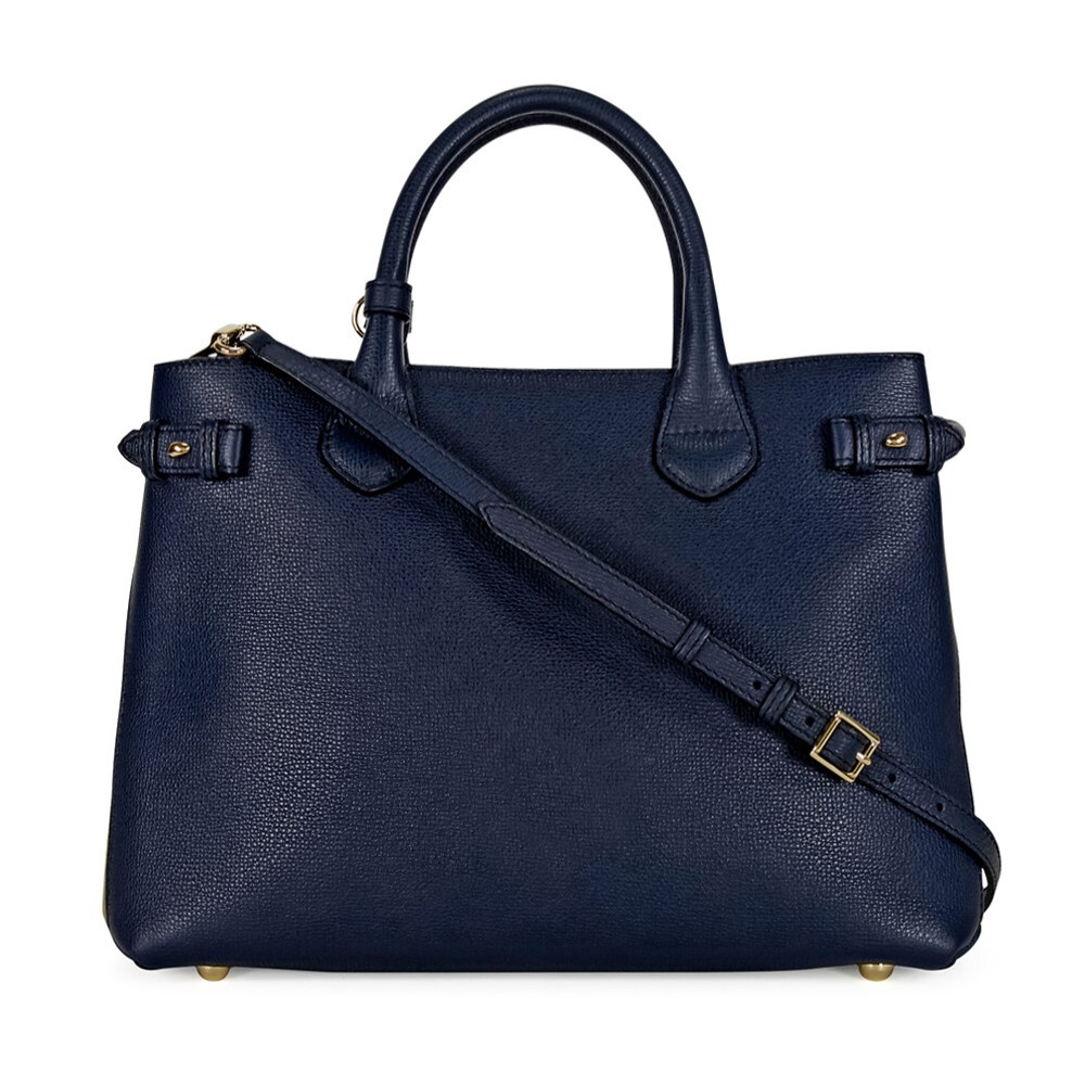 【BURBERRY 巴寶莉】40236961 經典 Banner皮革拚接格紋大型手提包/肩背斜背包(深藍色)
